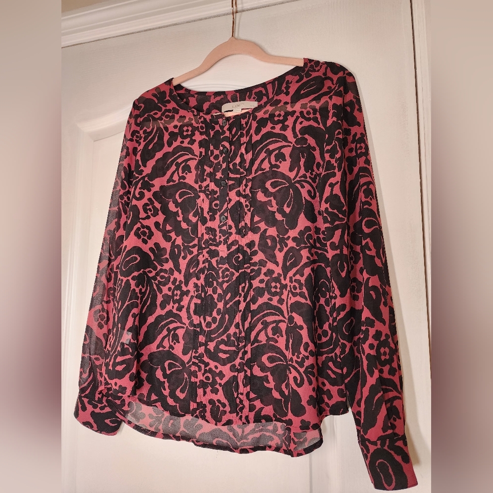 LOFT Graphic Black and Pink Long Sleeve Blouse